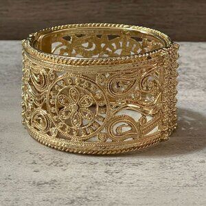 Amrita Singh Gold Tone Paisley Floral Open Filigree Wide Hinged Bangle Bracelet